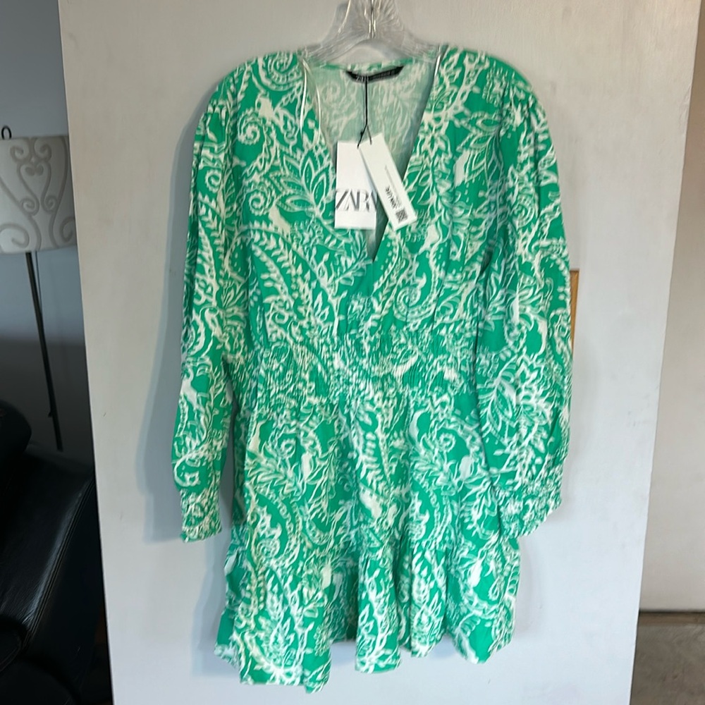 Zara Green Paisley V-Neck Long Sleeve Dress